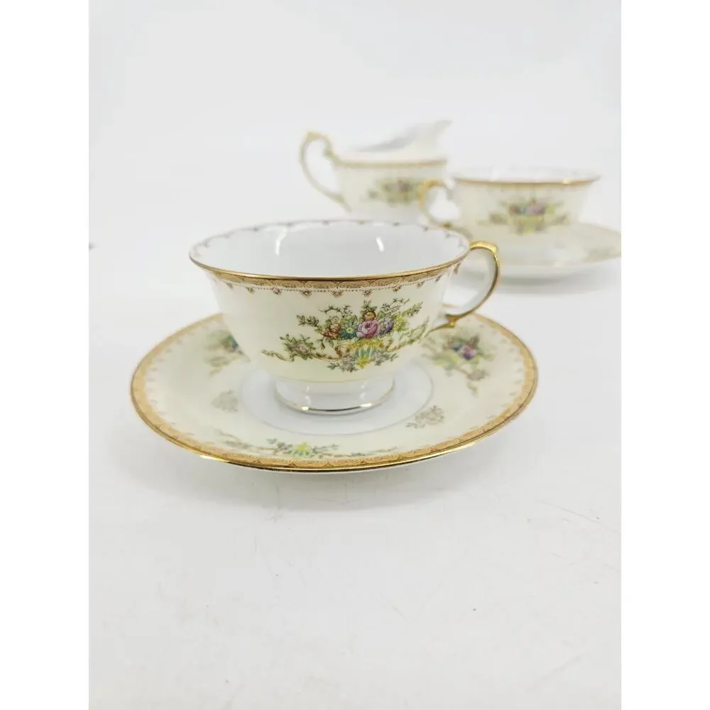 Meito Jewel Floral & Gold Pattern Set Of 2 Cups & Saucers & Creamer Japan